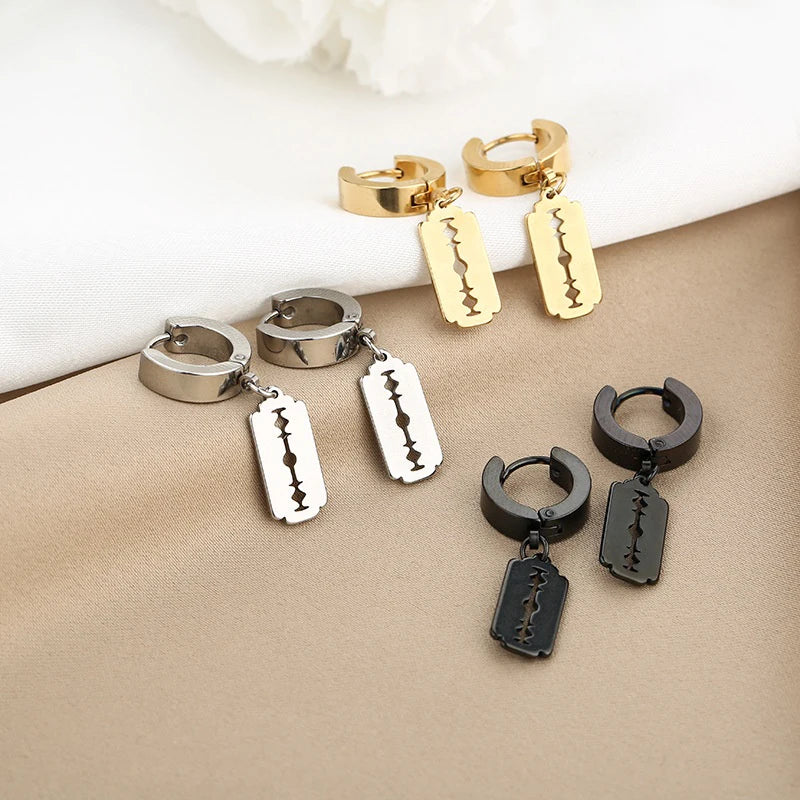 2Pc Stainless Steel Razor Blade Pendant Earrings 