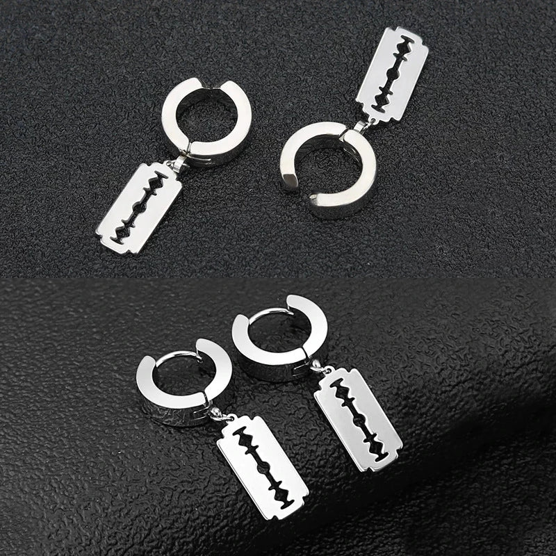2Pc Stainless Steel Razor Blade Pendant Earrings 