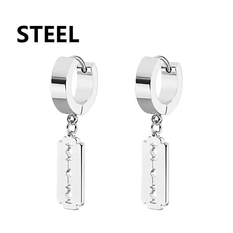 2Pc Stainless Steel Razor Blade Pendant Earrings 