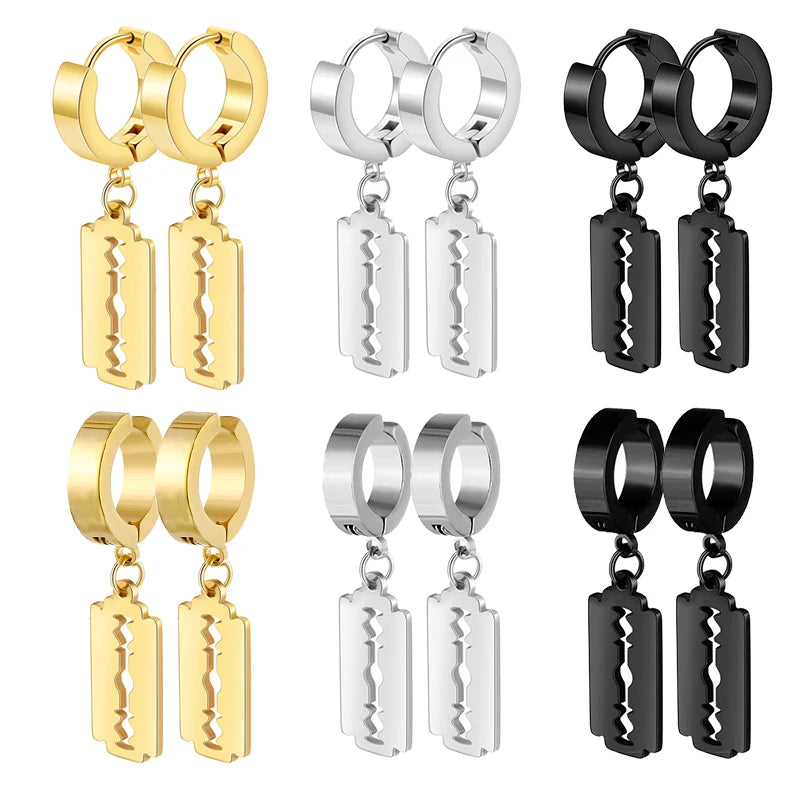 2Pc Stainless Steel Razor Blade Pendant Earrings 